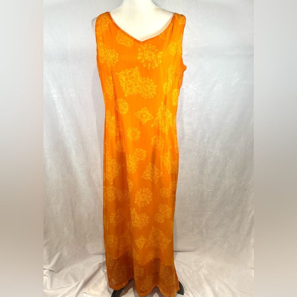 JH collectibles orange printed chiffon overlay maxi dress size 14